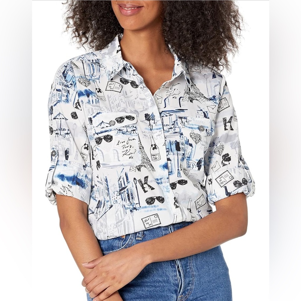Karl Lagerfeld Blue Notched Collar Button Down Shirt NWT